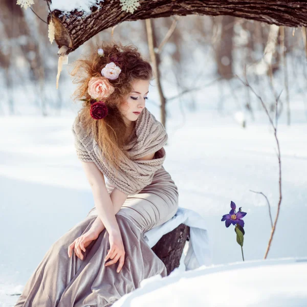 Hermosa chica en el bosque de invierno — Foto de Stock