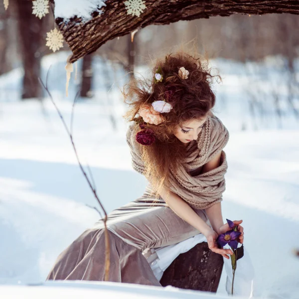 Güzel bir kız kış orman — Stok fotoğraf