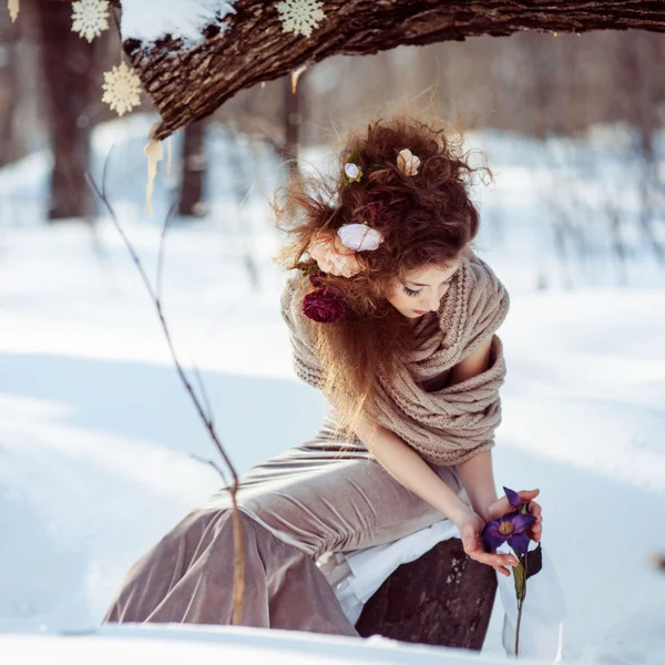 Vacker flicka i skogen vinter — Stockfoto