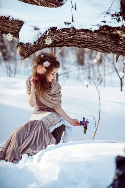 Hermosa chica en el bosque de invierno — Foto de Stock