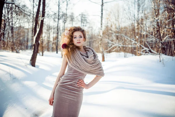 Belle fille dans la forêt d'hiver — Photo