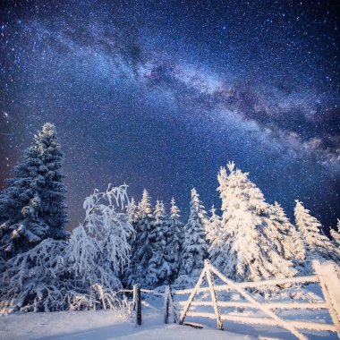 sihirli kış manzara ve yıldızlı gökyüzünün