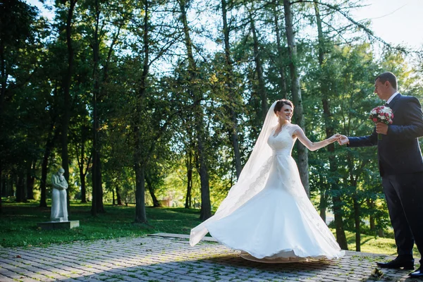 Casamento casal dançando no parque em um dia ensolarado — Fotografia de Stock