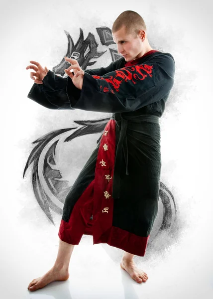 Man dressed in black dragon kimono demonstrating martial arts co — Stock Photo, Image