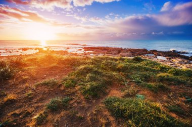 Bahar deniz kıyısında Şehir Trapany Panoraması. Sicilya, İtalya, Europe