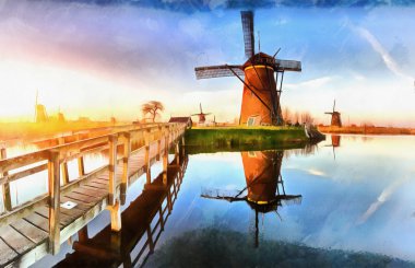 Rotterdam kanaldan geleneksel Hollanda yel değirmenleri. Hollanda.