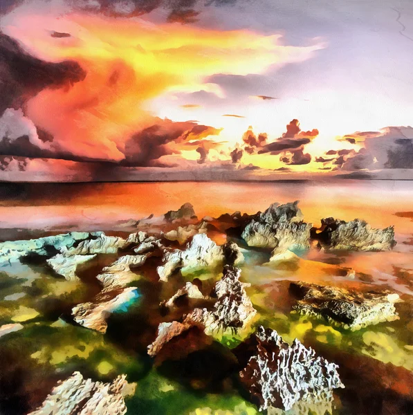 Puesta de sol en la costa del mar con piedras —  Fotos de Stock