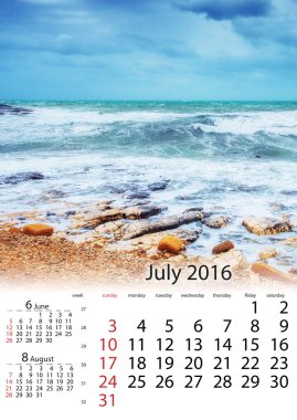 Takvim Temmuz 2016 - deniz kıyısı şehri Trapany bahar Panoraması. 