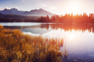 Parkta yüksek Tatras bir göl üzerinde gündoğumu. Shtrbske Pleso,