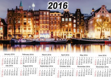 Takvim 2016. Amsterdam'da güzel bir gece. Gece aydınlatma 