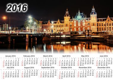 Takvim 2016. Amsterdam'da güzel bir gece. Gece aydınlatma 