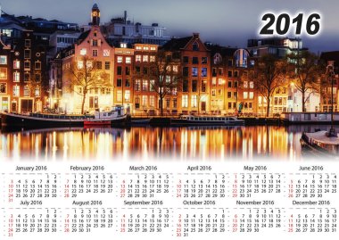 Takvim 2016. Amsterdam'da güzel bir gece. Gece aydınlatma 