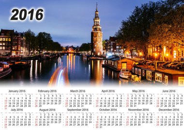 Takvim 2016. Amsterdam'da güzel bir gece. Gece aydınlatma 