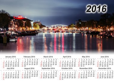 Takvim 2016. Amsterdam'da güzel bir gece. Gece aydınlatma 