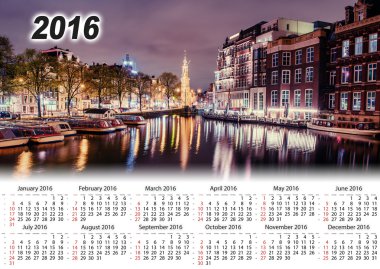 Takvim 2016. Amsterdam'da güzel bir gece. Gece aydınlatma 