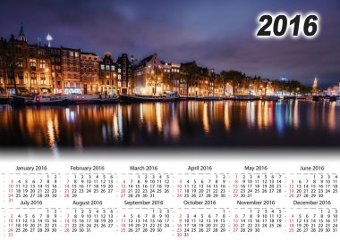 Takvim 2016. Amsterdam'da güzel bir gece. Gece aydınlatma 