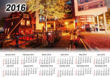 Takvim 2016. Amsterdam şehir güzel sakin gece görünümü.