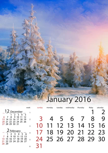 Calendar January 2016 - magical winter snow covered tree — Stock Photo, Image