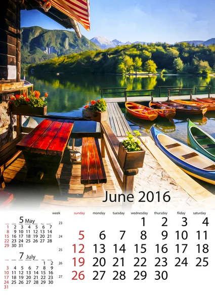 2016 年 6 月 - 湖でのプレジャー ボートのカレンダー — ストック写真