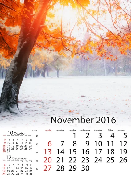 Calendario Novembre 2016 - La luce del sole sfonda il leav autunno — Foto Stock