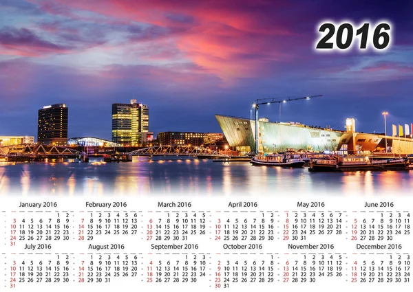 Takvim 2016. Amsterdam'da güzel bir gece. Gece aydınlatma 