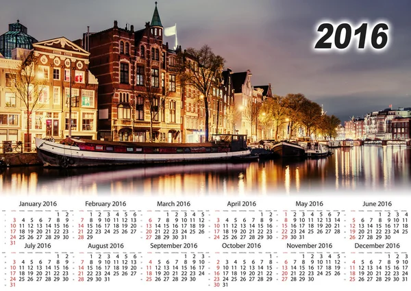 カレンダー 2016 年。アムステルダムの美しい夜。夜のイルミネーション — ストック写真