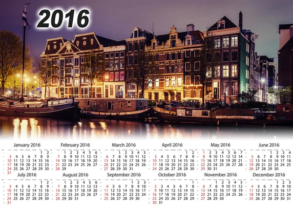 Calendario 2016. Hermosa noche en Amsterdam. Iluminación nocturna — Foto de Stock