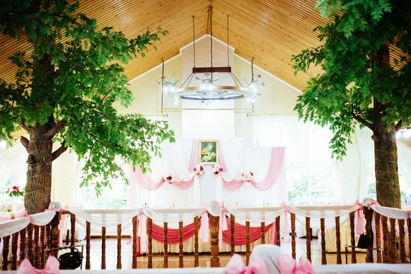 Interior of a wedding tent decoration ready for guests