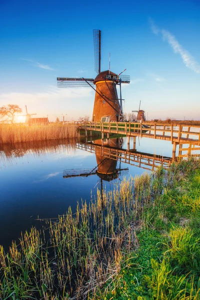 Traditionella holländska väderkvarnar från kanal Rotterdam. Holland. — Stockfoto