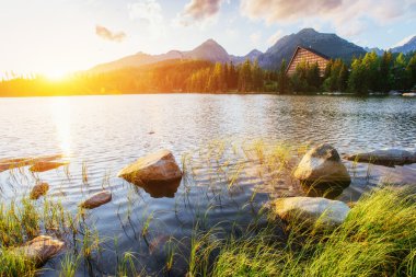 Görkemli dağ gölü Milli Parkı yüksek Tatra içinde. Strbske ples