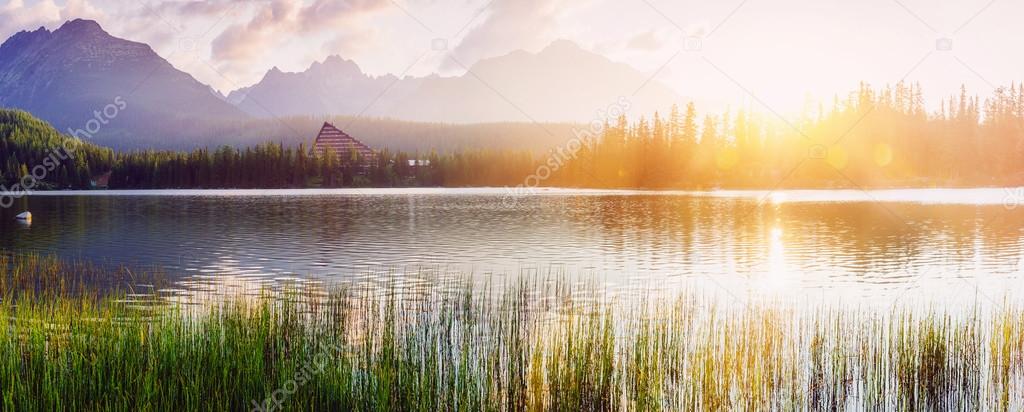 Majestic mountain lake in National Park High Tatra. Strbske ples