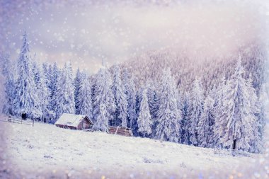 gün batımında dağlarda Chalets. Kış selamlar