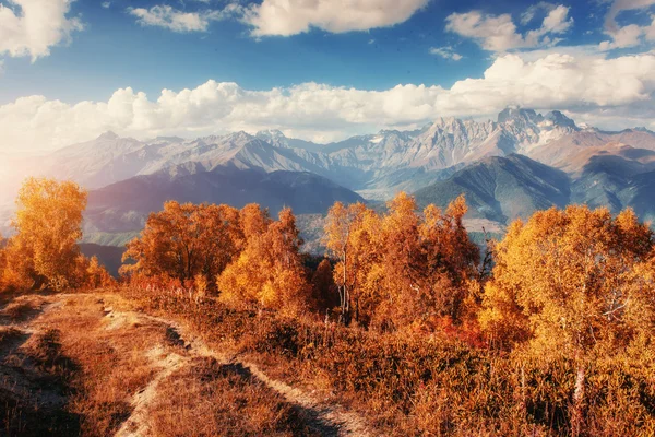 Jesień krajobraz i ośnieżone szczyty górskie. Widok z PU — Zdjęcie stockowe