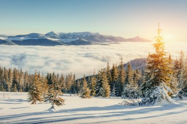 Kış Dağları'nda sis. Fantastik günbatımı