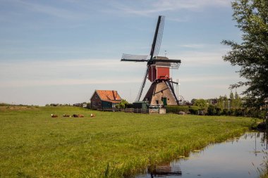 Mavi gökyüzü olan eski bir Alman yel değirmeni