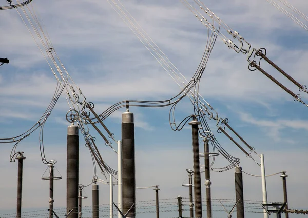 Linhas Transmissão Energia Elétrica Noite Aparelhagem Alta Tensão Equipamento Central — Fotografia de Stock