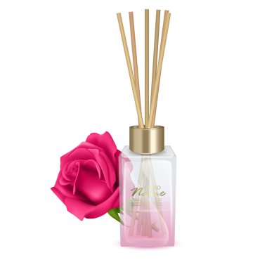 Aroma çubukları ve gül aromalı vektör çizim cam kavanozu. Beyaz arkaplanda gerçekçi Vektör illüstrasyonu