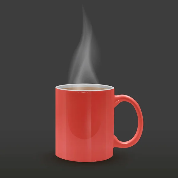 Чашка горячего чая в красной реалистичной кружке на темном фоне, векторная иллюстрация — стоковый вектор