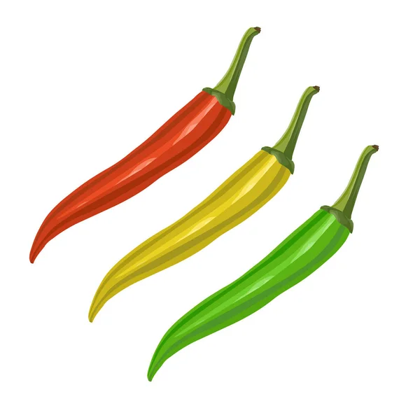 Set van hete chili peper van rode, gele en groene kleuren, geïsoleerd op witte achtergrond. Vector eps 10 illustratie — Stockvector