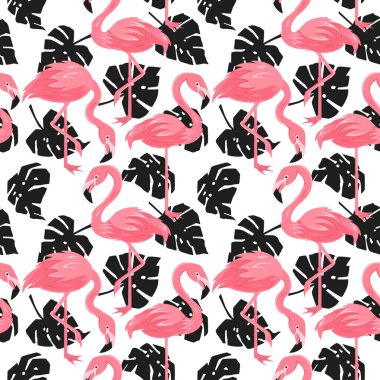 Kusursuz, sonsuz desen ve beyaz arkaplanda canavar yaprakları, vektör biçiminde tropikal illüstrasyon