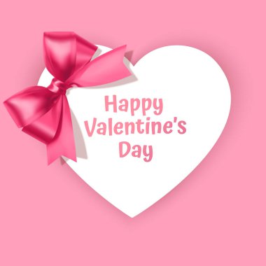 Kalp şeklinde çerçeveli tebrik kartı pembe kurdeleli, Sevgililer Günü tebrik kartı, vektör illüstrasyonlu.