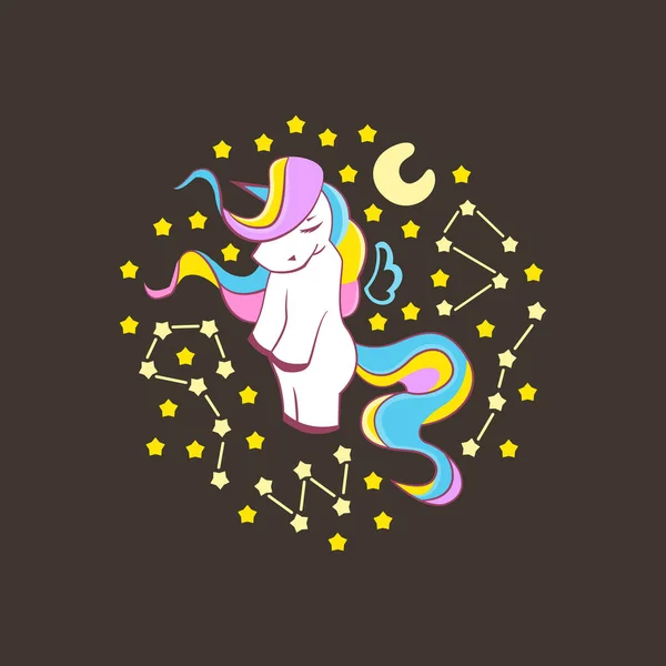 Unicorno carino, divertente unicorno circondato da stelle e costellazioni, illustrazione del design del personaggio, può essere utilizzato per stampe di T-shirt — Vettoriale Stock
