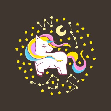 Sevimli Tekboynuz, yıldızlar ve takımyıldızlarla çevrili komik tek boynuzlu at, karakter tasarımı illüstrasyonu, tişört baskıları için kullanılabilir