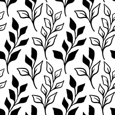 Kusursuz, uçsuz bucaksız desenli, beyaz arka planda dallar ve yapraklar çizilmiş. Ambalaj kağıdı ya da oda dekorasyonu için mükemmel, vektör illüstrasyonu