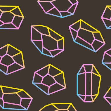 Koyu arkaplanda farklı kesiklerden gelen rengarenk değerli taşlarla kusursuz bir desen. Vektör illüstrasyonu