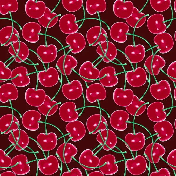 Nahtloses Muster mit Kirschbeeren. Cartoon Cherry auf dunklem Hintergrund, Vektor Folge 10 Illustration — Stockvektor