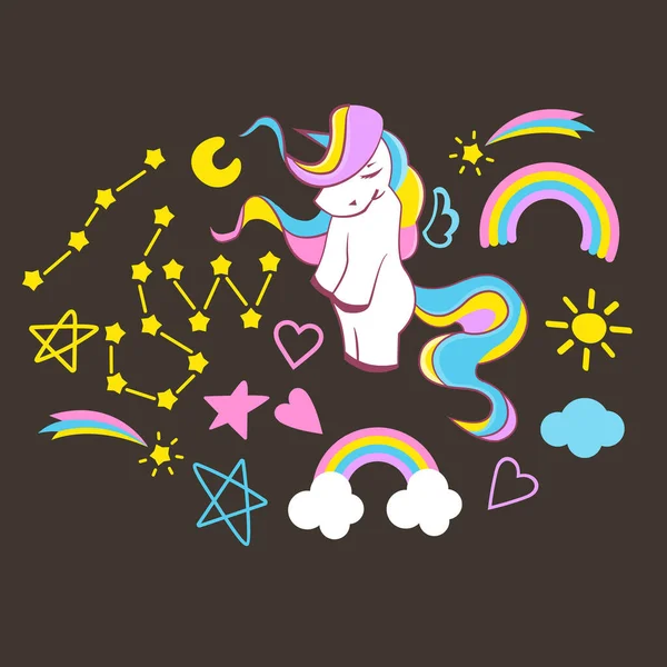 Set of beautiful unicorn elements on dark background, vector illustration — Vettoriale Stock