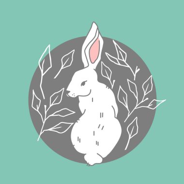 Yeşil arka planda şirin beyaz tavşan, orman, orman hayvanı, vektör çizimi düz, modern tarzda