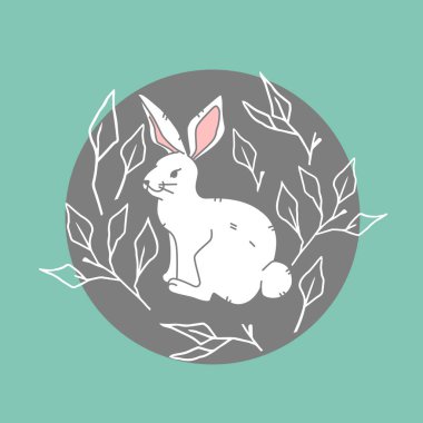Yeşil arka planda şirin beyaz tavşan, orman, orman hayvanı, vektör çizimi düz, modern tarzda