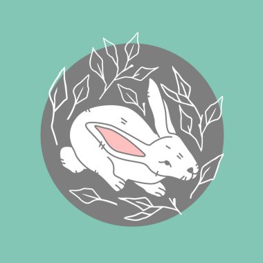 Yeşil arka planda şirin beyaz tavşan, orman, orman hayvanı, vektör çizimi düz, modern tarzda